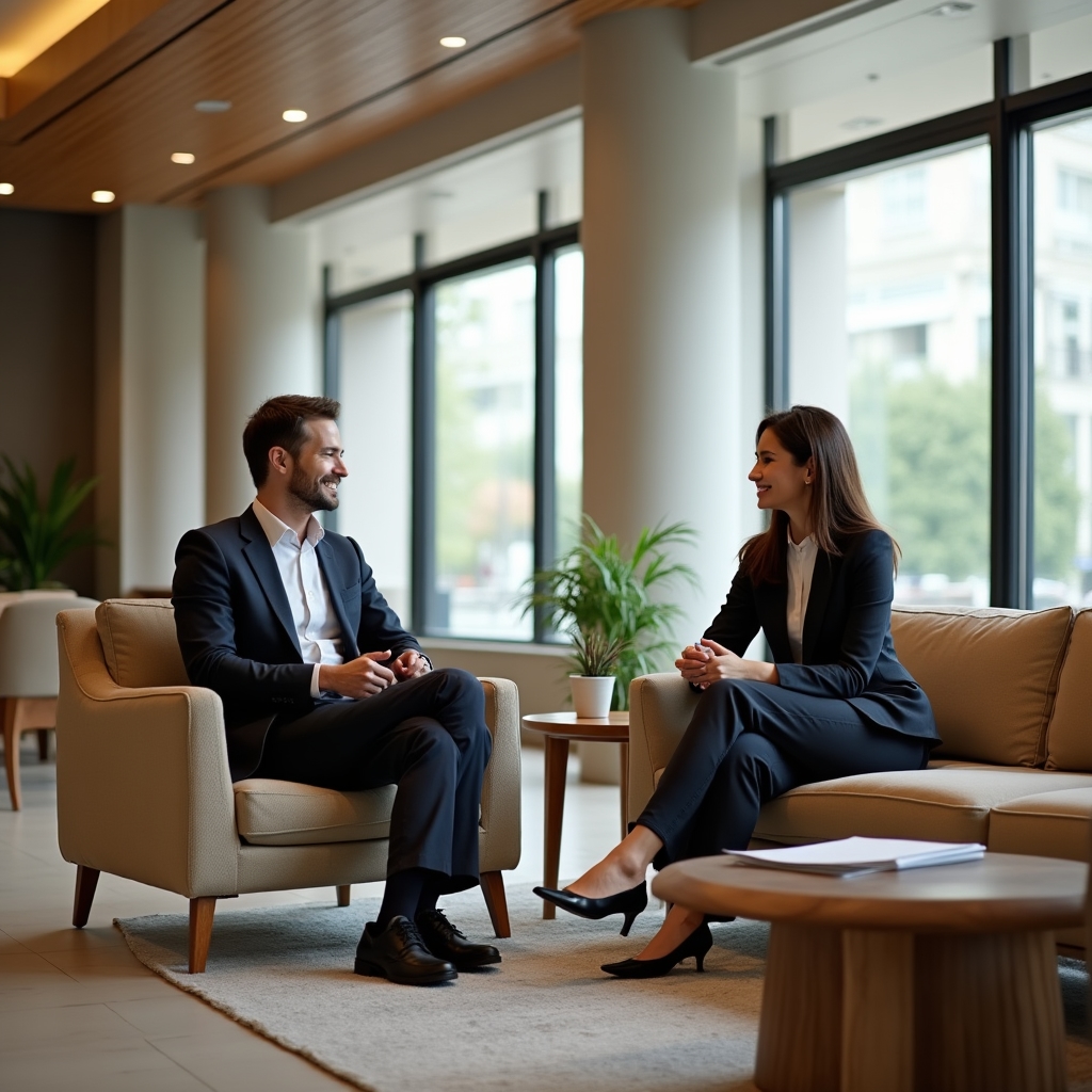 Bright office lounge seating area used for informal meetings