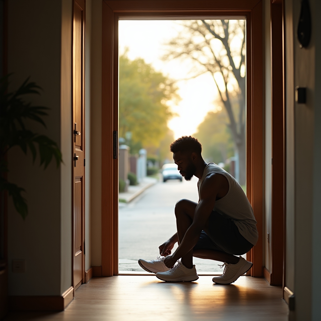 Person lacing up shoes near a doorway before a morning walk