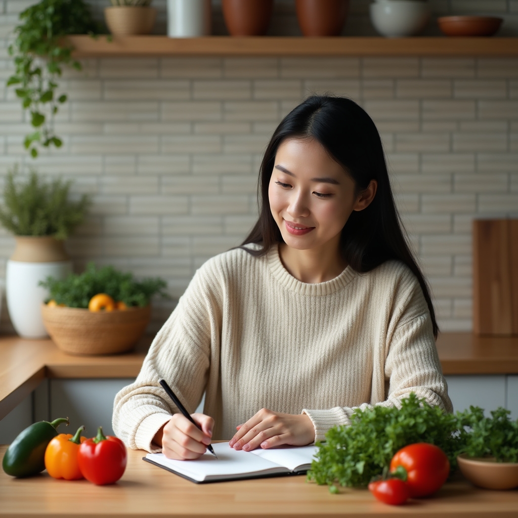 Weekly meal planning notebook next to fresh vegetables on a kitchen counter