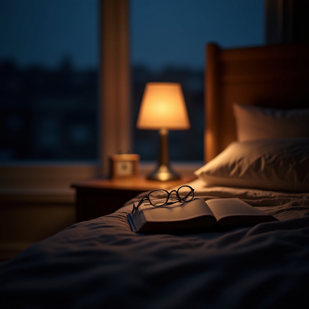 Bedside table with a dimmed lamp and closed book during an evening wind down routine